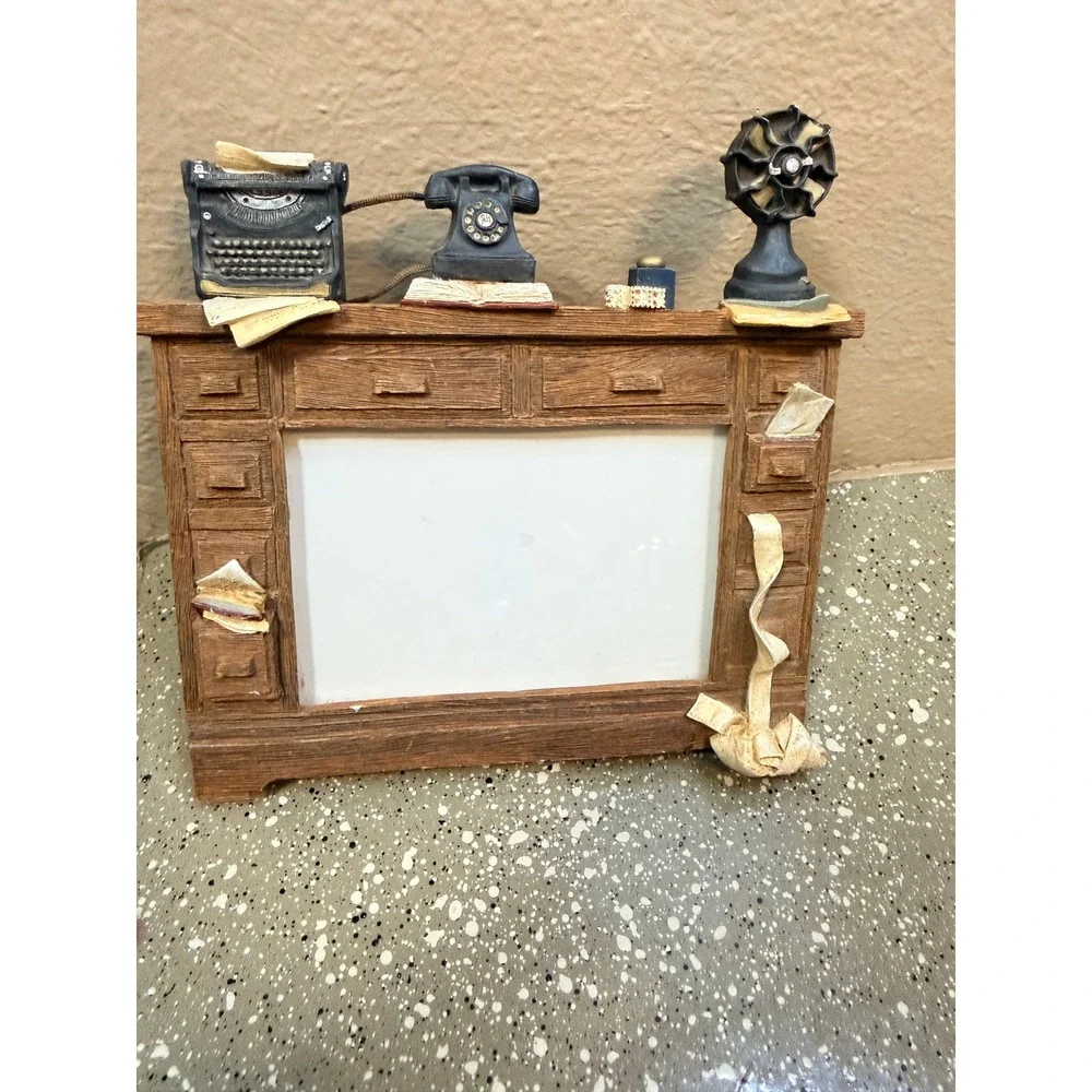 Vintage Style Roll Top Desk Picture Frame Typewriter Rotary Phone 3D Resin 5x3.5